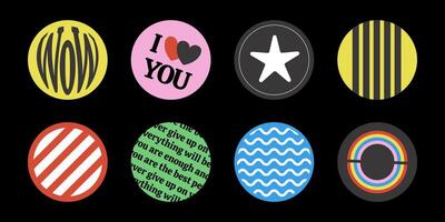 Y2K round stickers, set of graphic signs and symbols in circles, labels and badges. Different signs and short phrases collection. illustration. vector
