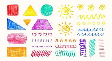 Set of colorful freehand crayon doodles and drawings, scribbles, geometric forms and graphic design decorations in colorful charcoal style. vector
