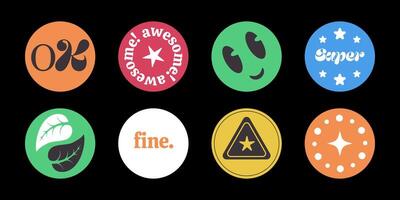Y2K round stickers, set of graphic signs and symbols in circles, labels and badges. Different signs and short phrases collection. illustration. vector