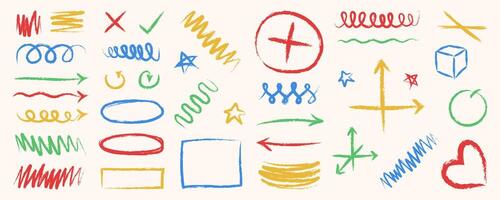 Set of colorful freehand crayon doodles and drawings, scribbles and graphic design decorations in colorful charcoal style. vector