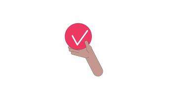 Round checkbox with tick holding line 2D character hand animation. Task closing mark flat color cartoon 4K , alpha channel. Approval symbol demonstrating animated hand on white background video