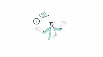 Happy caucasian man handling with multiple tasks line 2D character animation. Productive employee flat color cartoon 4K , alpha channel. European male at job animated person on white background video