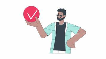 Solving task line 2D animation. Positive african american man holding checkbox with tick 4K motion graphic. Approving request linear animated cartoon flat concept, white background video