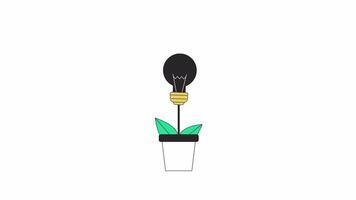 Growing lightbulb in flowerpot line 2D object animation. Creativity development support flat color cartoon 4K , alpha channel. New idea and solution care animated item on white background video