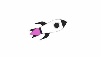 Flying rocket line 2D object animation. Spaceship launch for cosmos exploration flat color cartoon 4K , alpha channel. Spacecraft launching technology animated item on white background video