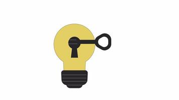 Unlocking lightbulb with key line 2D object animation. Sharing insights and creative ideas flat color cartoon 4K , alpha channel. Innovative thinking development animated item on white background video
