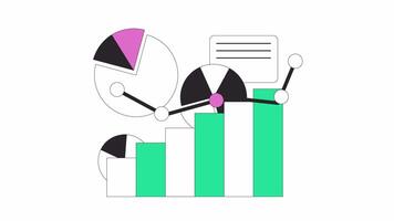 comercial dados analytics diagramas linha 2d objetos animação. pesquisando o negócio em formação plano cor desenho animado 4k , alfa canal. infográficos apresentação animado Itens em branco fundo video