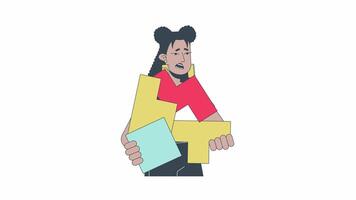 Responsibilities management line 2D animation. Sad hispanic woman holding pieces of puzzle 4K motion graphic. Organizing routine tasks linear animated cartoon flat concept, white background video