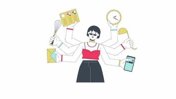 Multitasking line 2D animation. Asian woman balancing various work tasks 4K motion graphic. High productivity at office workplace linear animated cartoon flat concept, white background video