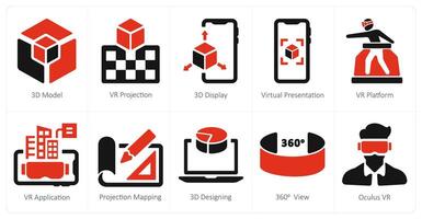 A set of 10 Virtual Reality icons as 3d model, vr projection, 3d display vector