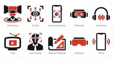 A set of 10 Virtual Reality icons as vr simulator, eye tap, virtual presentation vector