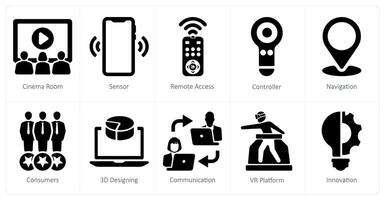 A set of 10 virtualreality icons as cinema room, sensor, remote access vector
