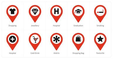 A set of 10 Location Pointer icons as shopping, jewellery, hospital vector