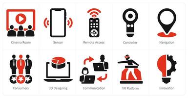 A set of 10 Virtual Reality icons as cinema room, sensor, remote access vector