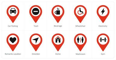 A set of 10 Location Pointer icons as car parking, trash, beverage vector