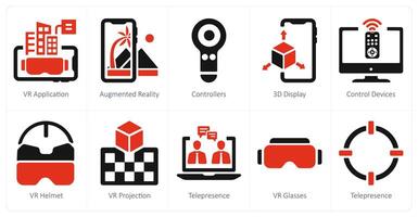 A set of 10 Virtual Reality icons as vr application, controllers, 3d display vector