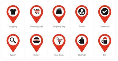 A set of 10 Location Pointer icons as shopping, shopping cart, shopping bag vector