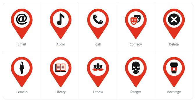 un conjunto de 10 ubicación puntero íconos como correo electrónico, audio, llamada vector