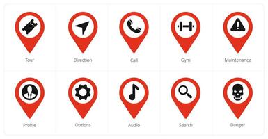 A set of 10 Location Pointer icons as tour, direction, call vector