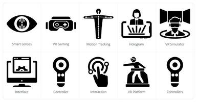 A set of 10 virtualreality icons as smart lenses, vr gaming, motion tracking vector