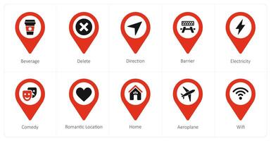 A set of 10 Location Pointer icons as beverage, delete, direction vector
