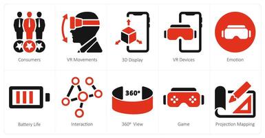 A set of 10 Virtual Reality icons as consumers, vr movements, 3d display vector