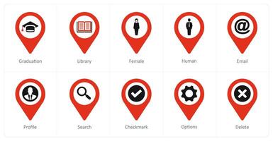 A set of 10 Location Pointer icons as graduation, library, female vector