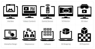 A set of 10 virtualreality icons as interface, content, control devices vector