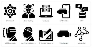 A set of 10 virtualreality icons as framework, head tracking, software vector