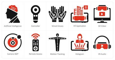 A set of 10 Virtual Reality icons as artificial intelligence, controller, wired gloves vector