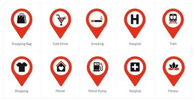 A set of 10 Location Pointer icons as shopping bag, cold drink, smoking vector