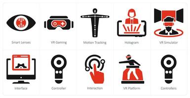 A set of 10 Virtual Reality icons as smart lenses, vr gaming, motion tracking vector