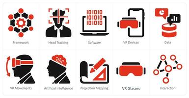 A set of 10 Virtual Reality icons as framework, head tracking, software vector