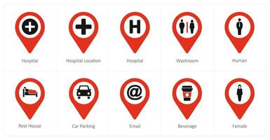 A set of 10 Location Pointer icons as hospital, hospital location, washroom vector