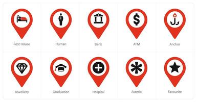 A set of 10 Location Pointer icons as rest house, human, bank vector