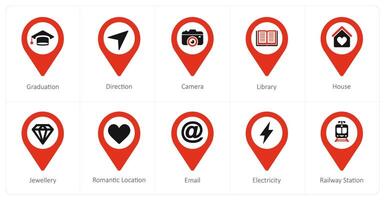 A set of 10 Location Pointer icons as graduation, direction, camera vector