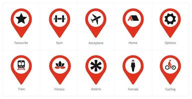 A set of 10 Location Pointer icons as favorite, gym, aeroplane vector