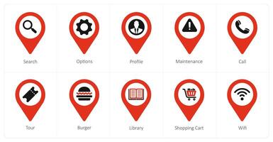 A set of 10 Location Pointer icons as search, options, profile vector