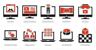 A set of 10 Virtual Reality icons as interface, content, control devices vector