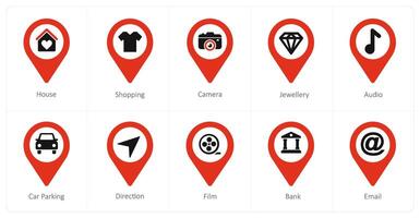 A set of 10 Location Pointer icons as house, shopping, camera vector