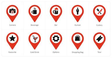 A set of 10 Location Pointer icons as camera, beverage, bar vector