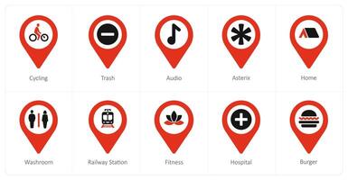 A set of 10 Location Pointer icons as cycling, trash, audio vector