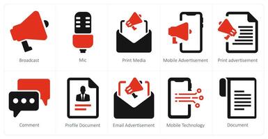 A set of 10 web marketing icons as broadcast, mic, print media vector