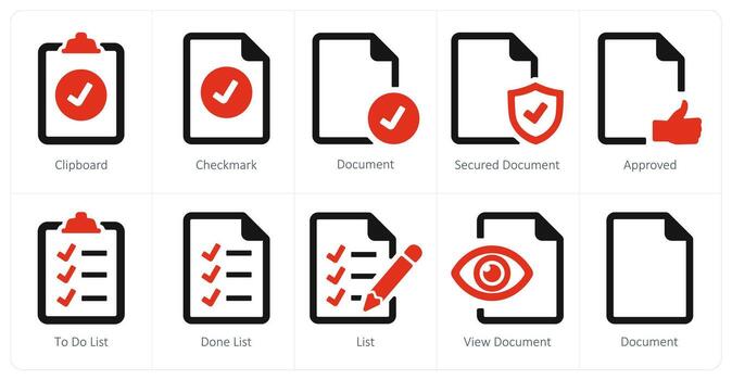 A set of 10 File icons as clipboard, checkmark, document vector