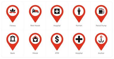 A set of 10 Location Pointer icons as fitness, rest house, hospital vector