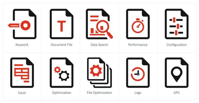 un conjunto de 10 archivo íconos como obra clave, documento archivo, datos buscar vector
