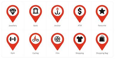 A set of 10 Location Pointer icons as jewellery, bank, anchor vector