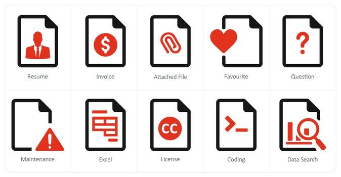 un conjunto de 10 archivo íconos como reanudar, factura, adjunto archivo vector