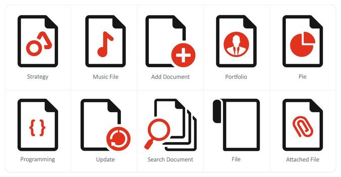 A set of 10 File icons as strategy, music file, add document vector