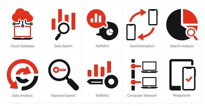 A set of 10 web marketing icons as cloud database, data search, statistics vector